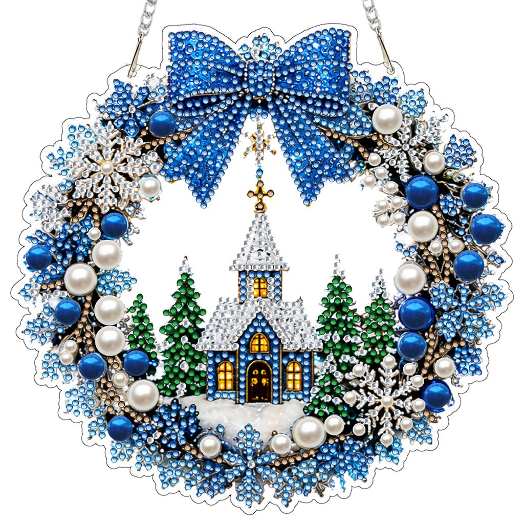 DIY Christmas Diamond Painting Wreath Ornament Pendant Kit Double Sided PET Rhinestone with Metal Chain Set