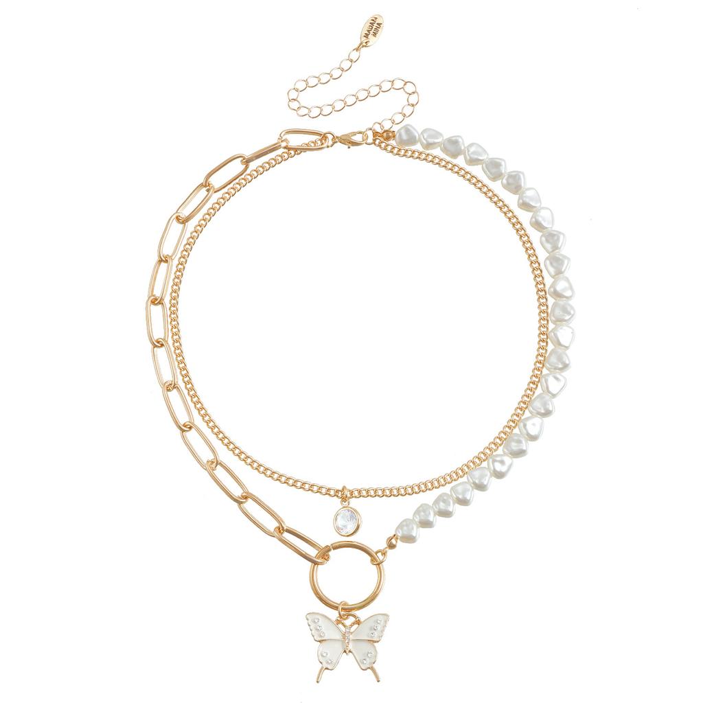 Accessories Oil Drop Butterfly Pendant Flat Love Pearl Circle Splicing Clavicle Chain Double Necklace Women