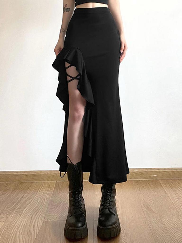 Women's Slit Black Midi Skirt High Waist Irregular Ruffled Skirt Sexy Bottom Clothes Fashion Streetwear Spring Summer