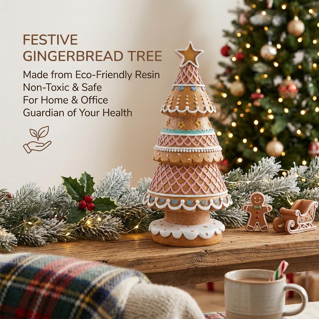 Resin Gingerbread Christmas Tree Figurine 9 Inch Festive Tabletop Ornament for Holiday Home Shelf Desk Decor