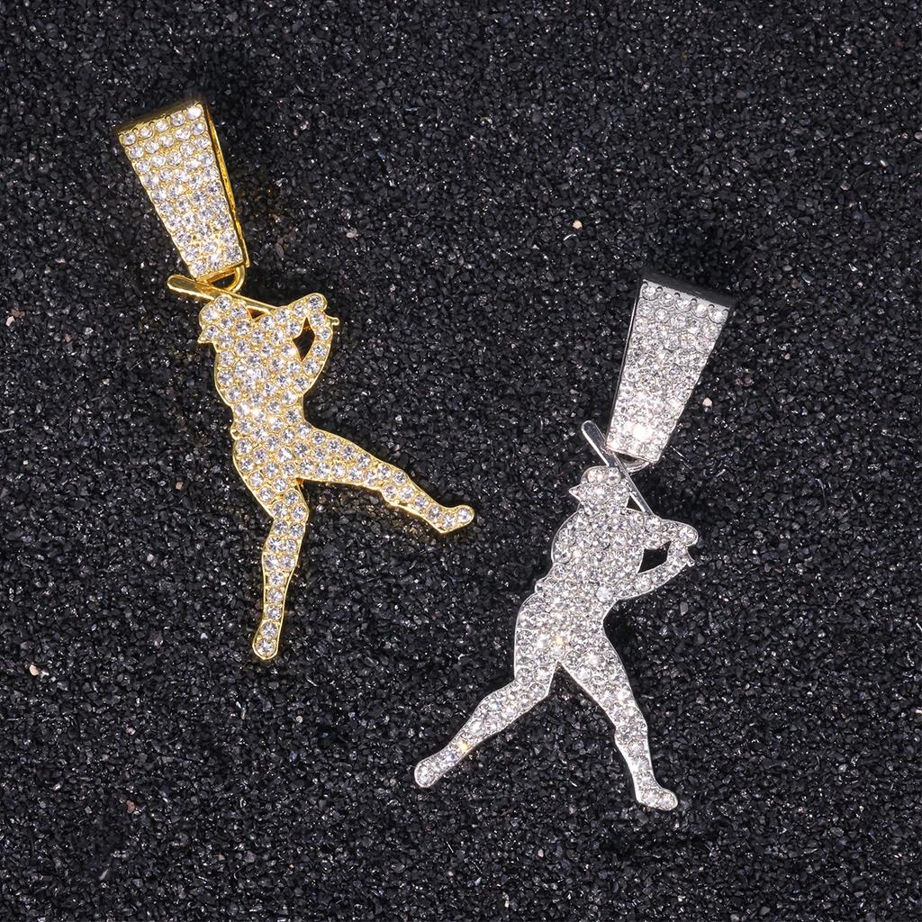 European American Trendy Men Baseball Player Inlaid Diamond Pendant Hip Hop Rap Cuban Chain Alloy Fashion Jewelry