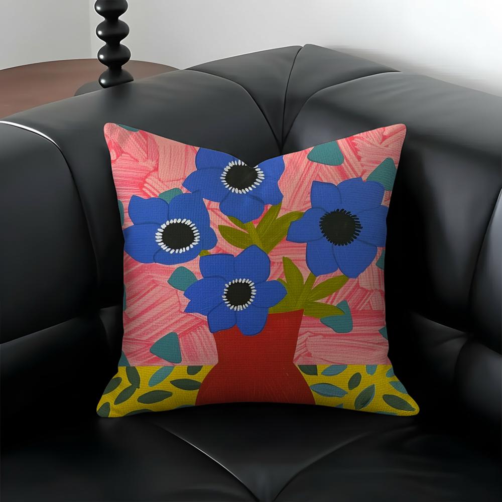 B-Blue Anemone Cushion Cover Natural Linen Pillowcase Set, All-In-One Decor For Sofa, Bedroom & Chair