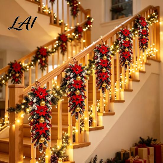 Outdoor Front Door Garland Holiday Entrance Wall Ornament Red Poinsettia Berry Decor Natural Pine Artificial Christmas Floral Swag Cone Hanging