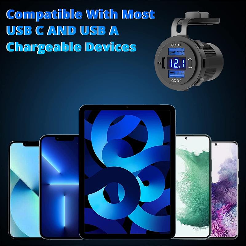 Three Port 12V/24V USB Charger Socket Dual 18W QC 3.0 & 20W PD USB-C For Car Motorcycle With Voltmeter Power Switch