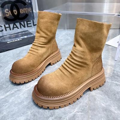 Женская обувь 2024 года, новые популярные универсальные модные ботинки на толстой подошве с круглым носком, женские эластичные удобные женские ботинки