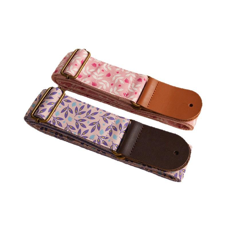 Retro Forest Guitar Strap with Bronze Buckle - Pink/Purple Leaves 031, Pink/White Leaves 032