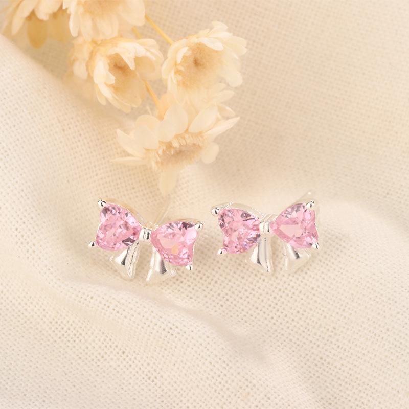 Pink Zircon Bow Stud Earrings Small Exquisite Light Luxury High End Super Sparkling Ear Jewelry
