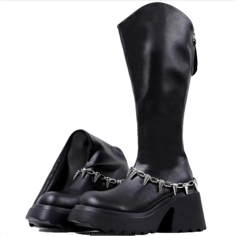 Элегантные женские высокие сапоги на платформе с цепочкой, зимняя дизайнерская обувь для женщин, трендовая обувь 2024 года, туфли-лодочки, готическая женская обувь, ботинки