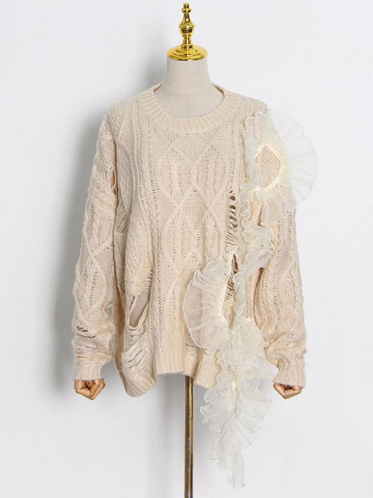 Autumn 2026 Japanese Style Knit Top: Round Neck Mesh Hollow Sweater for Women