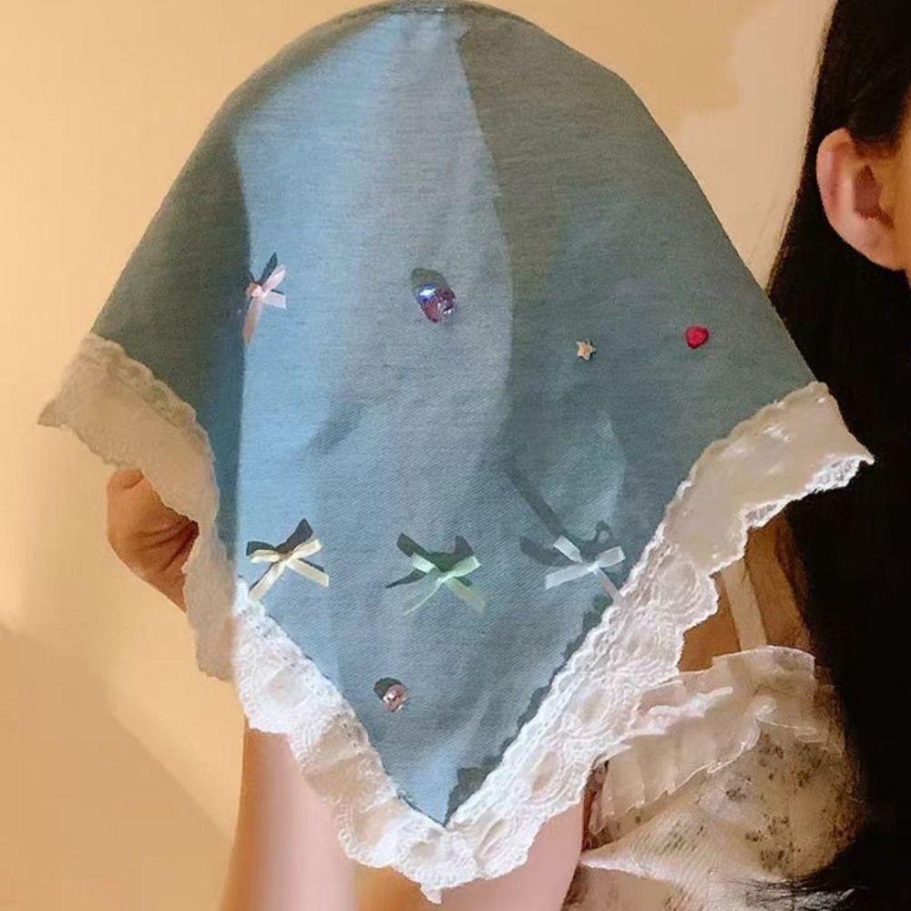 Korean Lace Hair Band Bowknot Women Hair Scarf Vintage Denim Triangle Headscarf Travel