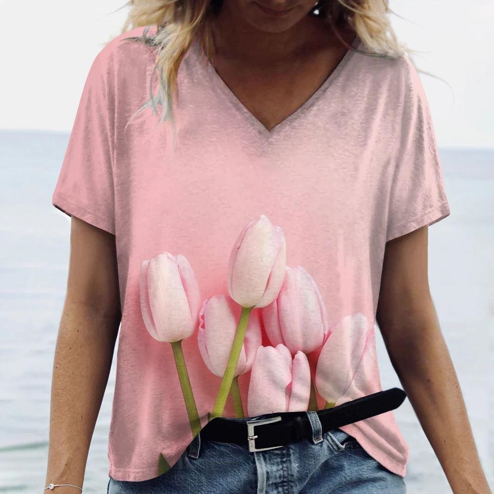 Beautiful Tulip Print 3D Printed Women's Artistic Style V-neck Short Sleeved T-shirt