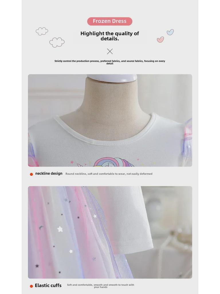 Платье принцессы-единорога для девочек 2025 года с радужным принтом: Длинный рукав, сетка с пайетками, весенне-осенний наряд на день рождения