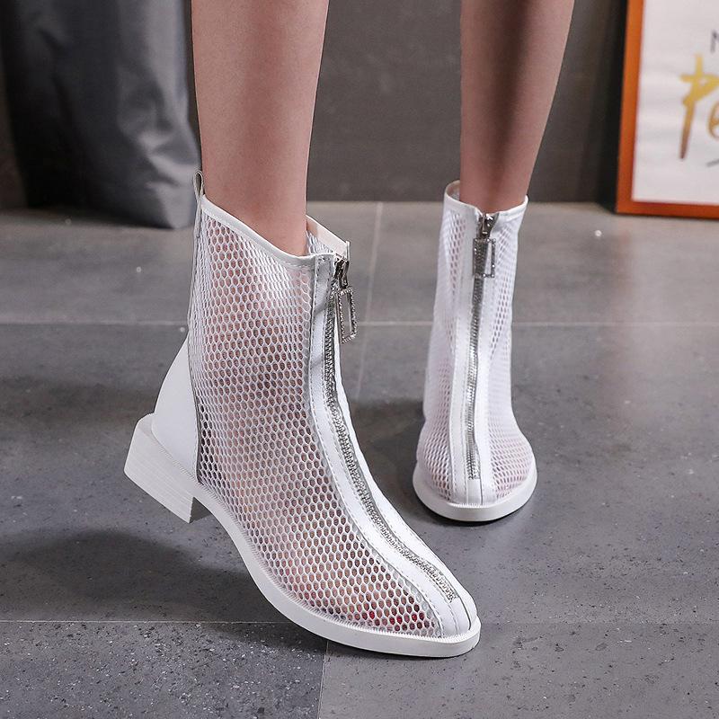 Akexiya Новые летние женские короткие ботинки, ажурные, однотонные, сетчатые, дышащие, с застежкой-молнией спереди, на плоской подошве, повседневные, красивые, тонкие ботинки