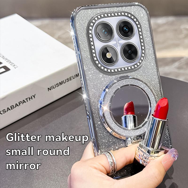 Magnetic Keysion Phone Jewelled Glitter Case For Redmi Note 14 Pro 5g Makeup Mirror Stand Shockproof Cover For Xiaomi Poco X7