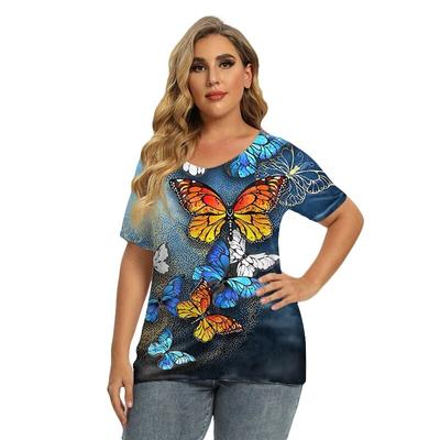 Женская футболка больших размеров, цифровая элегантная футболка с 3D принтом бабочки, топы большого размера, новинка 2022 года, летняя новая женская уличная футболка с коротким рукавом