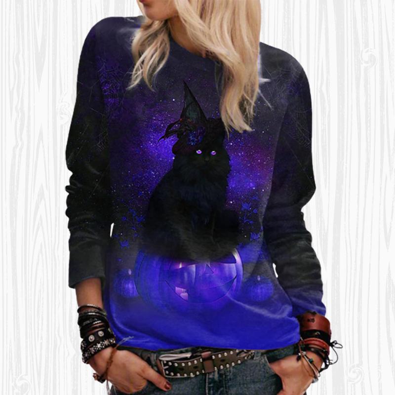 Женские осенние топы, свободная футболка с крутым котом и принтом кота, повседневная футболка с длинными рукавами, топ, блузка