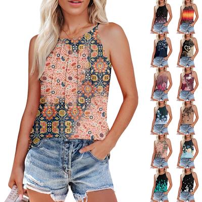 Женские летние майки-топы с плиссировкой и принтом O-образного выреза, повседневные майки-топы для женщин, свободные рубашки без рукавов