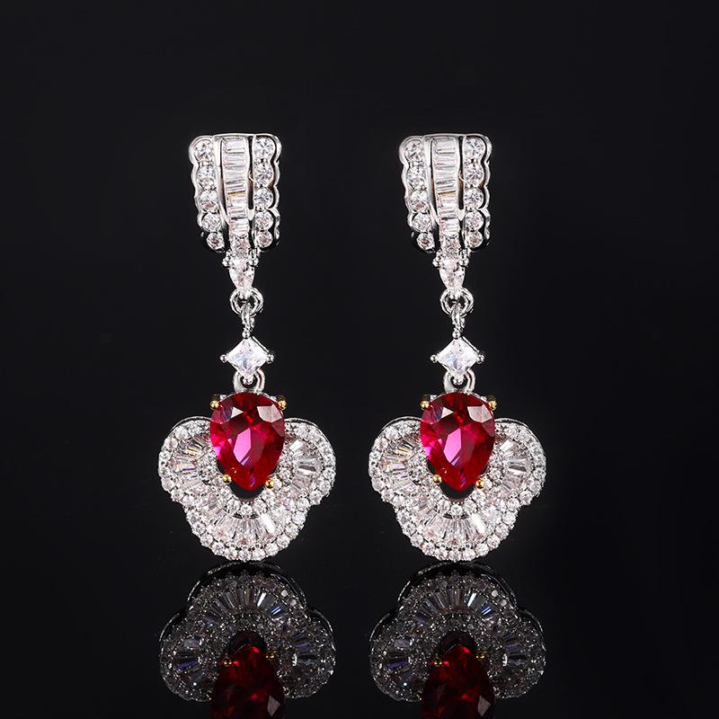Beauty Expert Pink Crystal Zircon Retro New Chinese Ruby Earrings Long Flower Fringed Flower Decoration