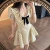 Французский стиль daughter бант короткий рукав горошек платье женское летнее новое талия тонкий шик красивый юбка
