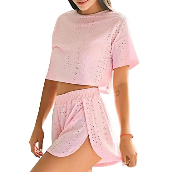 Летний комплект пижамы из 2 предметов для женщин: кроп-топ с коротким рукавом с прорезями и шорты с разрезом. Повседневный комплект для отдыха и сна.