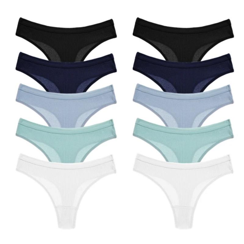 10PC/Set Women Cotton Panties Solid Color Briefs Ladies Breathable Thong Comfortable Striped Underwear