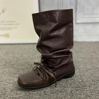 Кожаные Винтажные Западные Ботинки с Мехом Женские Европейская Станция 2025 Балетный Ремешок Плиссированные Ботильоны Сонные Ботинки