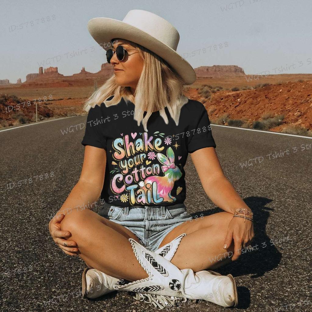 Shake Your Cotton Tail Graphic T Shirts Women Glitter Easter Bunny Short Sleeve Tshirt Happy Easter Gift Colorful Casual Tops