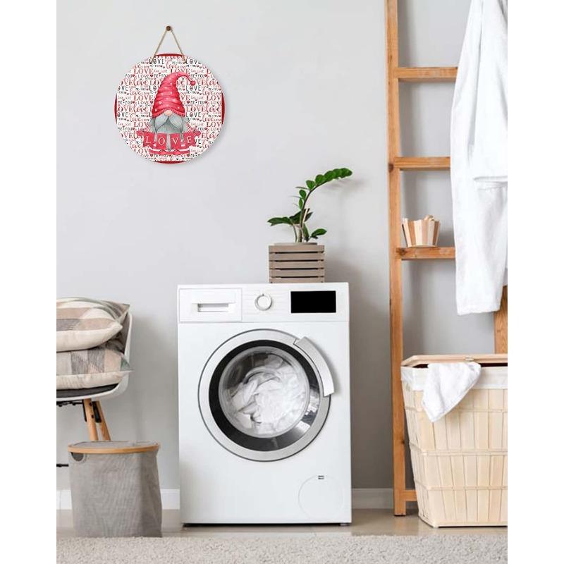 Welcome Sign for Front Door Decor, Valentine's Day Pink Gnome Wood Door Hanger for Outdoor Outside Porch, Round Wooden Wreath Indoor Wall Hanging