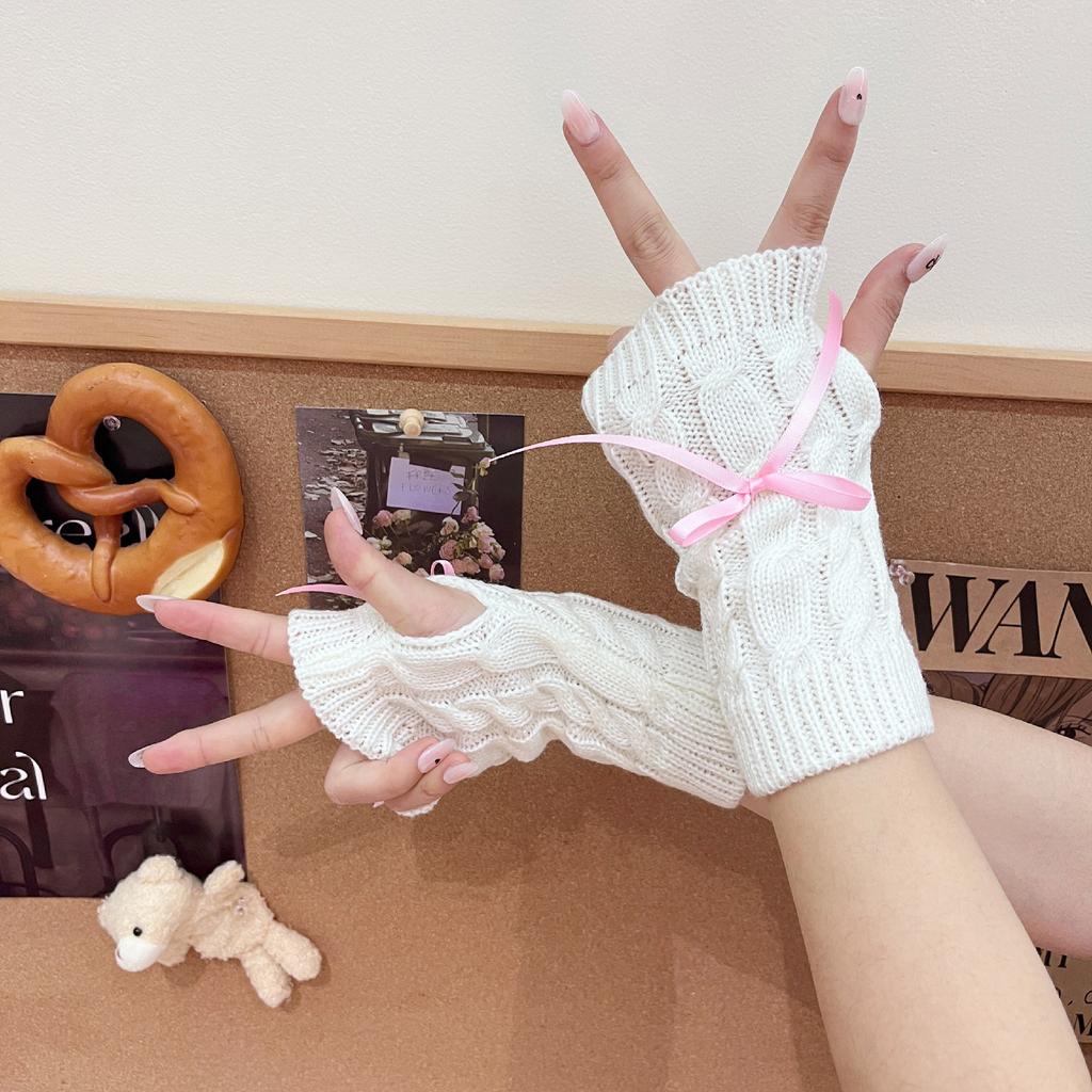 2025 New Women Winter Warm Half Cut Gloves Sweet Bow Student Yarn Knitted Touch Screen Exposed Finger Sleeves