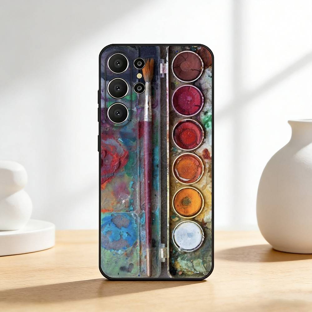 Watercolors Set Paint Palette Phone Case For Samsung S26,S25,24,23,22,30,21,10,9,Ultra,Plus,Lite,FE Soft Black Case