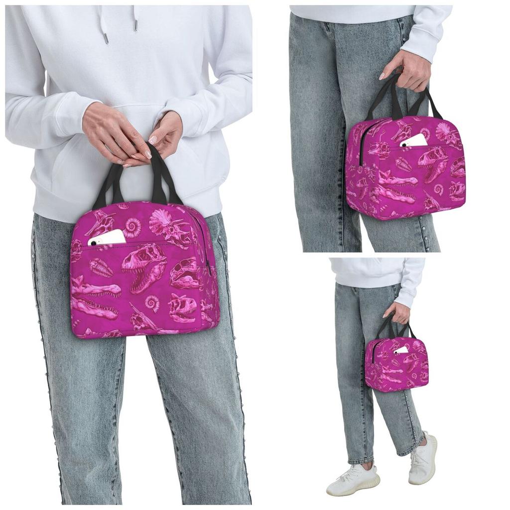 Pink Dinosaur Fossils Unearthed Insulated Lunch Bag for Women Office Cooler Thermal Food Box Tote Portable Lunch Boxes Container
