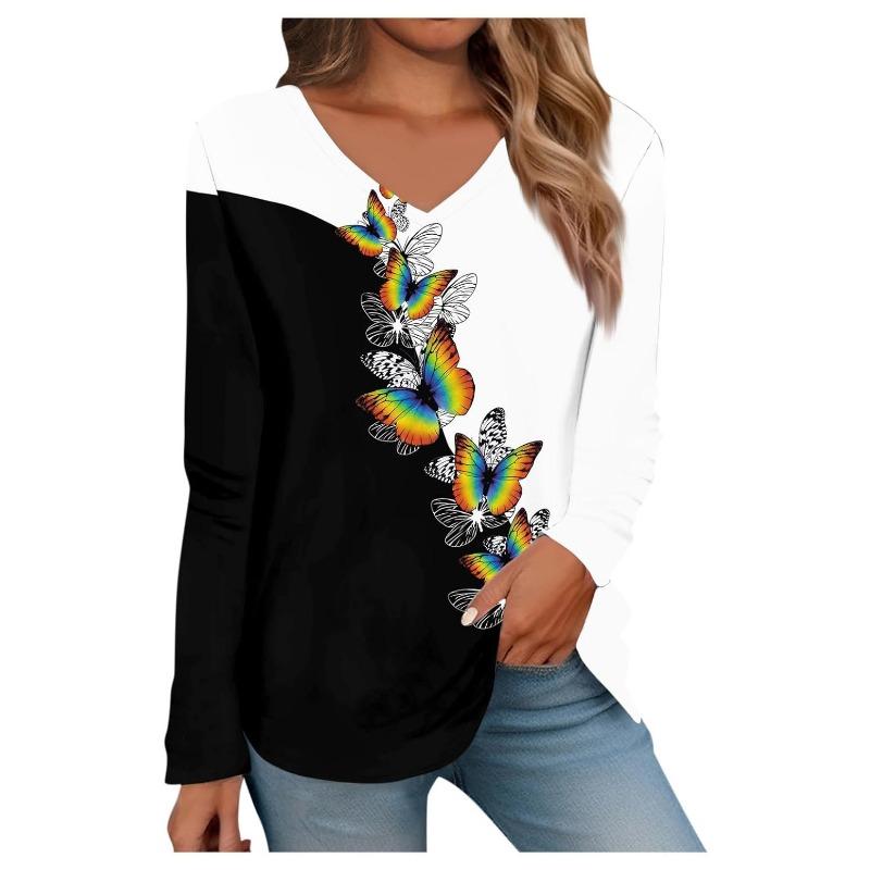 Womens Long Sleeve Tops V Neck Shirts Casual 3D Flower Print Basic Trendy Tee Blouses Fall Tunic Outfits Fitted T Shirts