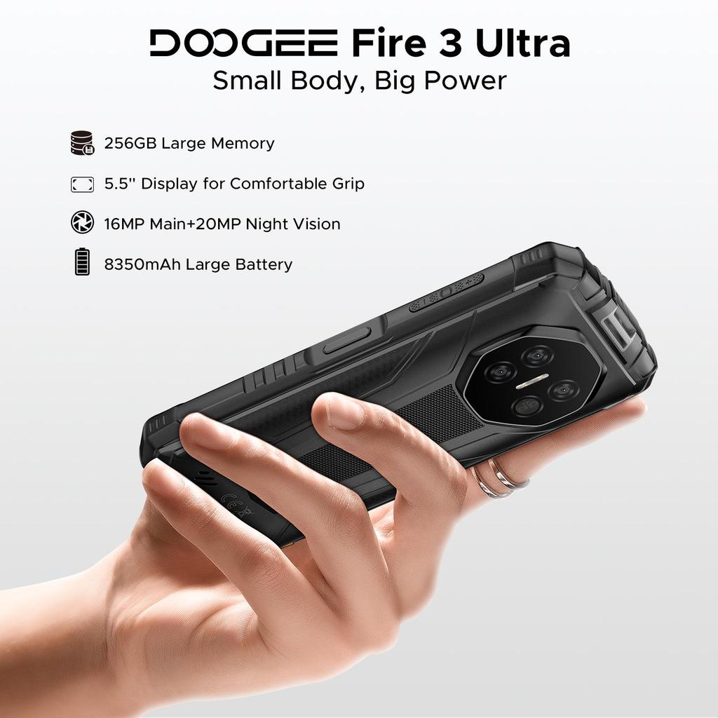 DOOGEE Fire 3 Ultra Защищенный смартфон, 8350 мАч, Android 15, 5,5" HD+, Восьмиядерный, 24 ГБ+256 ГБ, NFC, IP68/IP69K