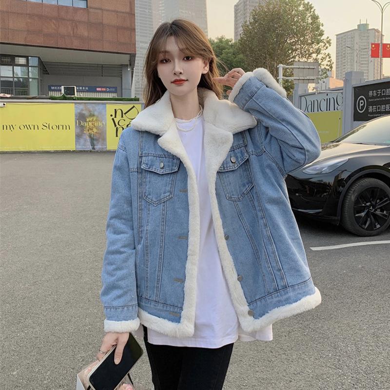 Plush Denim Jacket Women's Winter European Station Korean Version Loose and Thick Warm Small Denim Jacket Cotton Jacket Cotton Jacket