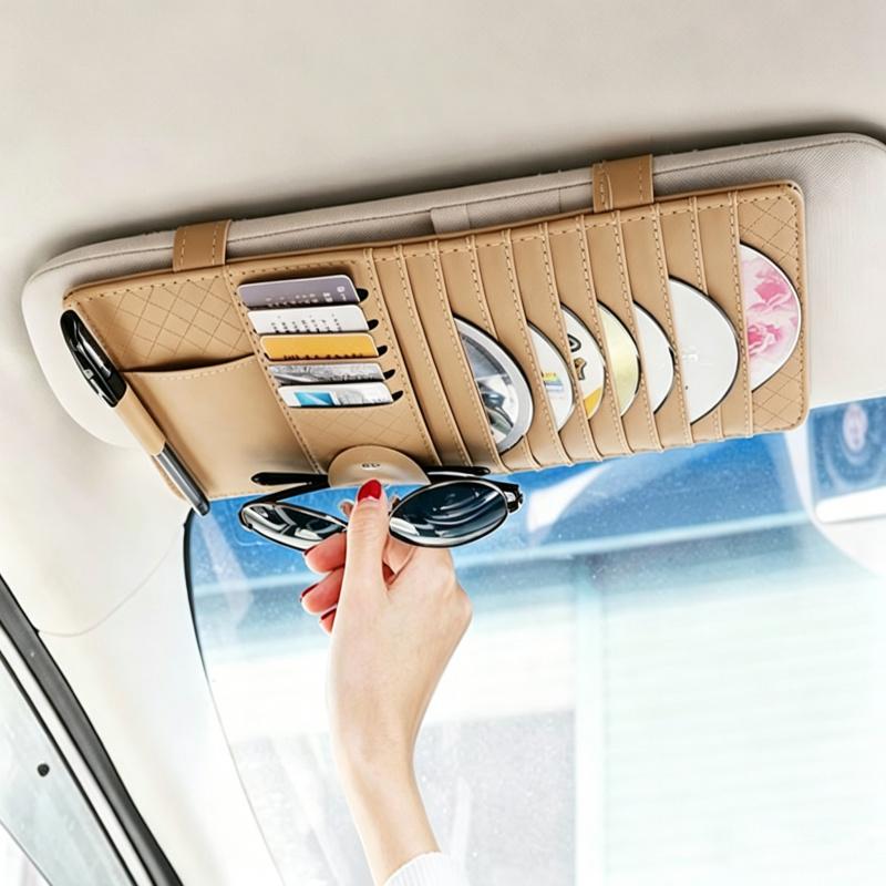 Car Sun Visor CD DVD Holder Bag Disc PU Leather Sunshade Sunglasse Pen Clips Card Storage Case Organizer Multi-Pocket Pouch Bag