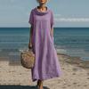 Женское свободное макси-платье с воротником-хомутом, коротким рукавом, однотонное, повседневное, льняное, в пол