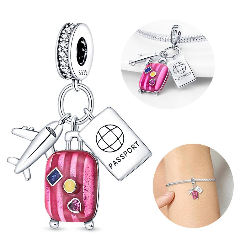 Charms Copper Luggage Airplane Passport Three-Piece Set Charm Fit Women 3Mm Original Bracelet Diy Fine Jewelry Gift