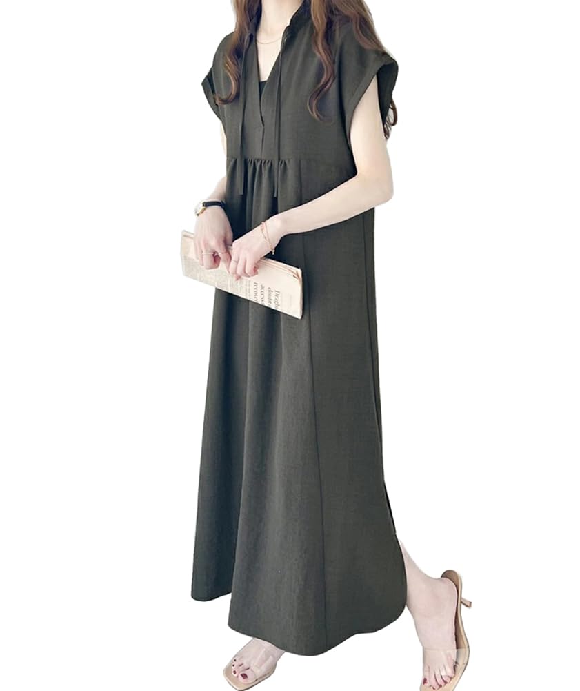 TASOGARA Long Solid Plus Sizes Maxi Loose for Commuting Free Dark Women's Dress, Spring/Summer, Color, Cotton, Figure-Flattering, Available, Length,