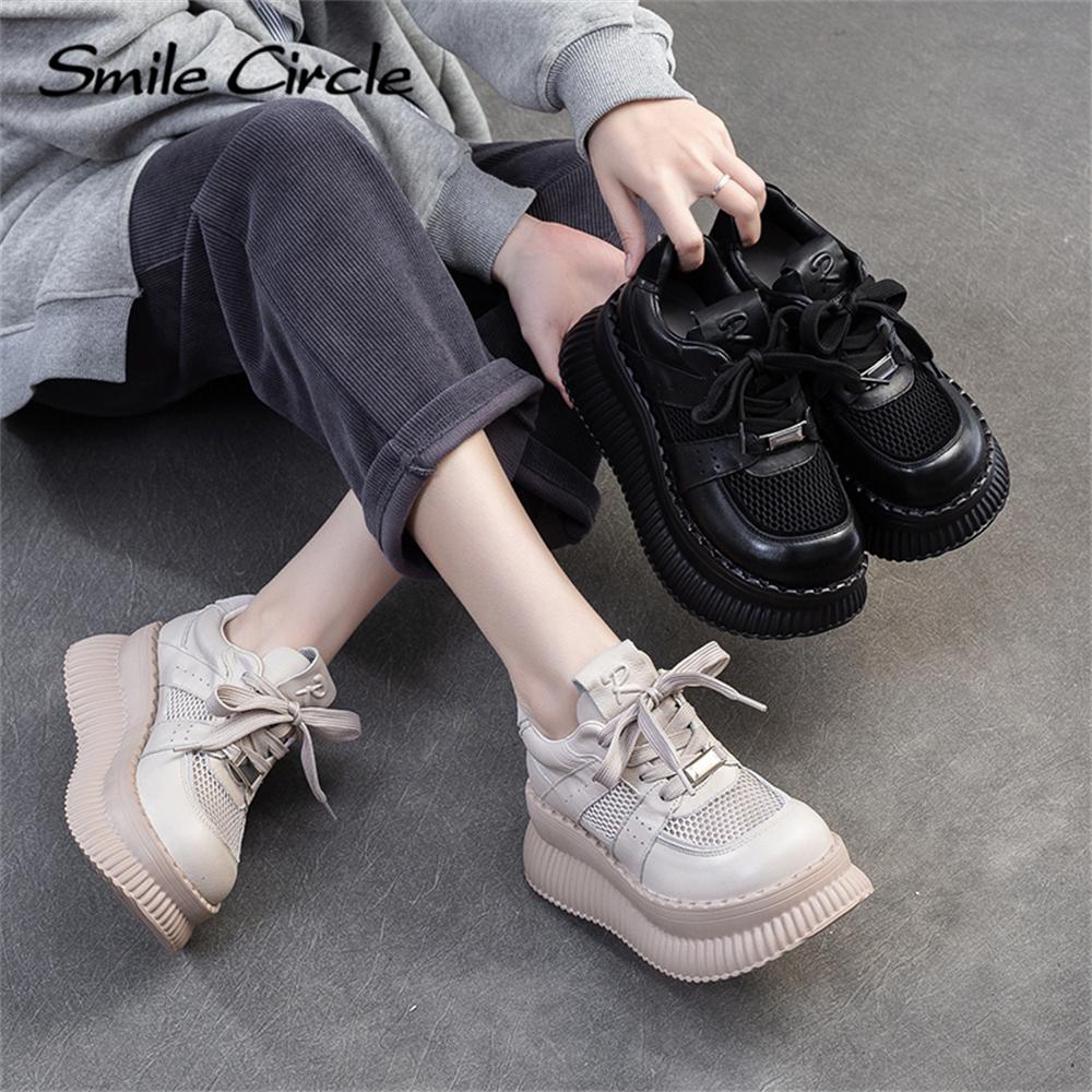 Женская повседневная обувь из натуральной кожи с круглым носком, увеличивающая рост, на толстой подошве, дышащая, удобная, плоская обувь