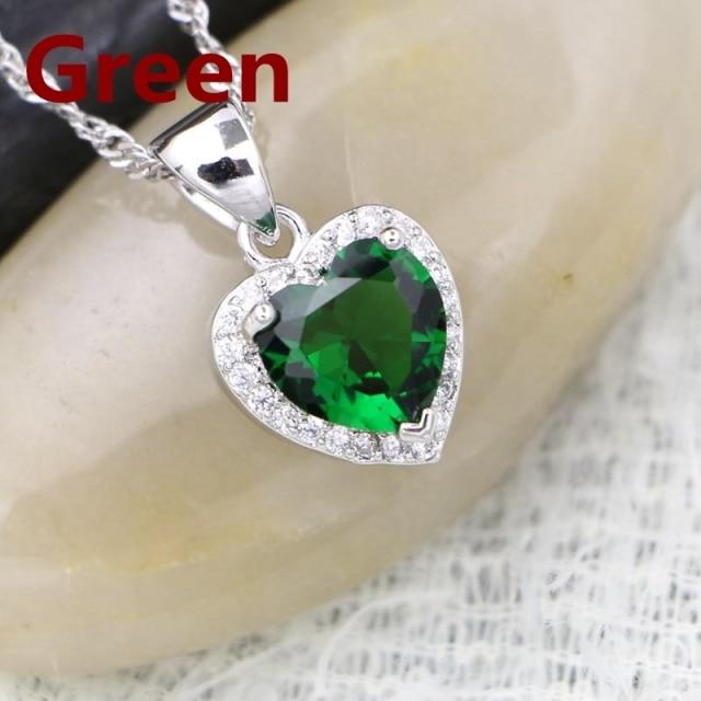 Heart Pendant Necklace Green Cubic Zirconia 925 Silver Jewelry for Women