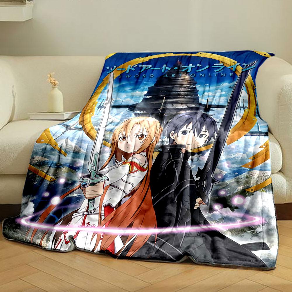 Two characters with swords stand in front of a floating tower landscape. for all seasons blanket lunch break throw gift