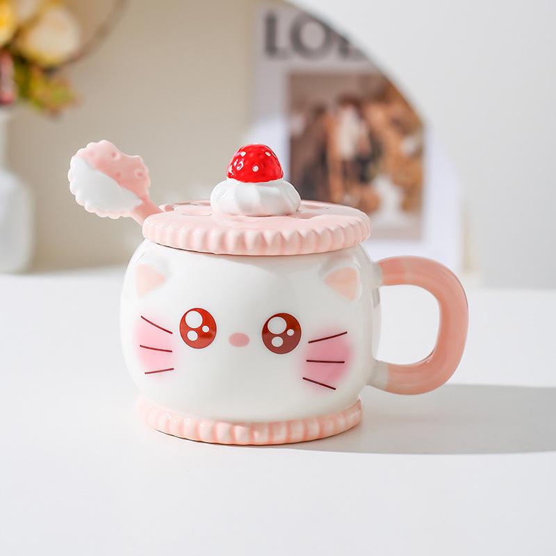 Креативная милая мультяшная керамическая кружка розовая с сердечком для девочки подарочная чашка для воды с крышкой ложкой чашка с котиком и свиньей