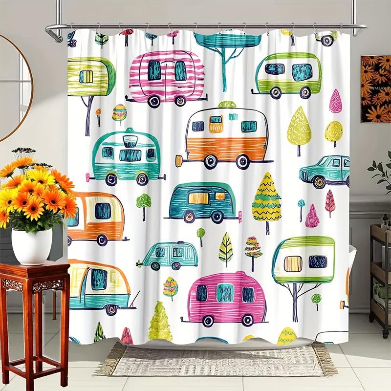 1pc Cartoon-Themed Shower Curtain Featuring Hand-Drawn Humorous Vintage Campers And Forests, Washable, Made of Polyester, Comes