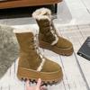 Женские зимние ботинки 2025 года из толстых плюшевых теплых материалов с подошвой толщиной 7 см, модные замшевые ботинки цвета хаки до середины голени для девочек из хлопка