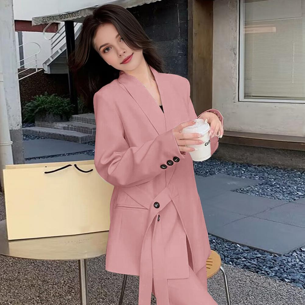 2 Pcs/Set Lady Formal Coat Pants Set Long Sleeves Button Strap Closure V Neck Cardigan Mid Length Jacket Straight High Waist Tro
