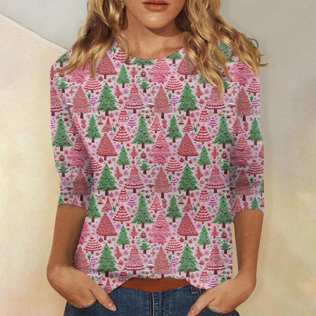 Женская модная повседневная футболка с рукавом три четверти и рождественским принтом, с круглым вырезом