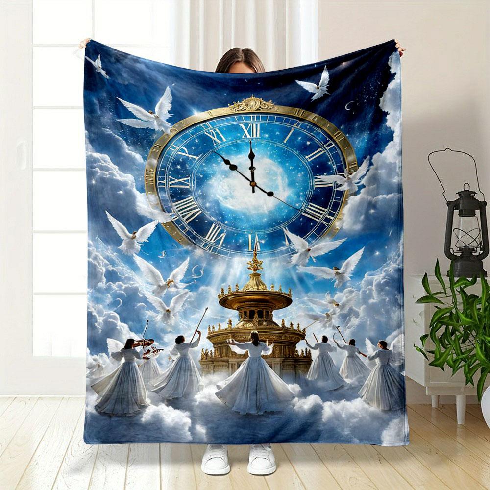 Angel Clock Cloud Printed Blanket Printed Blanket for Living Room Bed Couch lunch break Soft Cozy Blanket for Friend's festival Gift