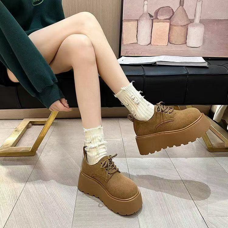 British Camel Single Shoes 2024 Spring and Autumn New Popular Korean Version Lace-up Fashion with Versatile Retro Platform Shoes