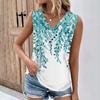 Summer Womens Tank Tops V Neck Casual Printed Sleeveless Shirts Casual Loose Fit Pleated Tshirts Tees Ladies Blouse