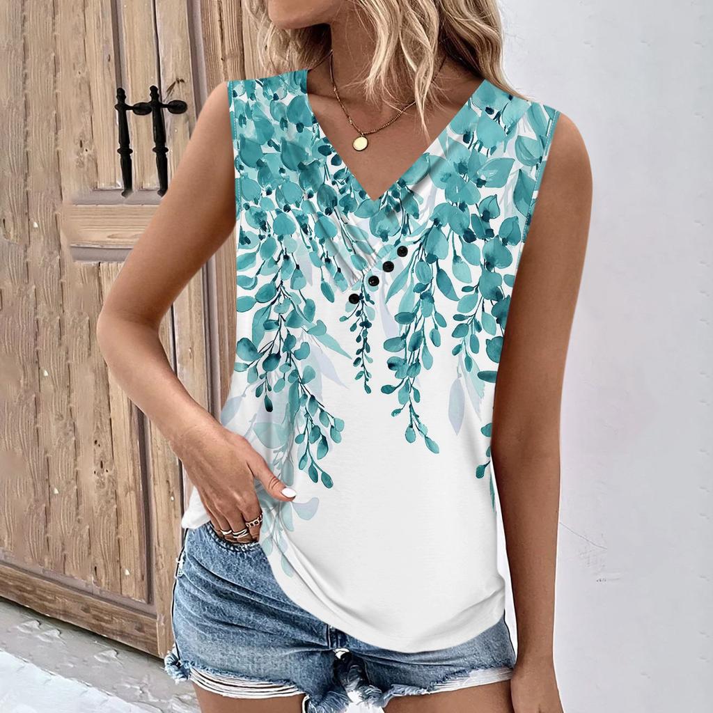 Summer Womens Tank Tops V Neck Casual Printed Sleeveless Shirts Casual Loose Fit Pleated Tshirts Tees Ladies Blouse